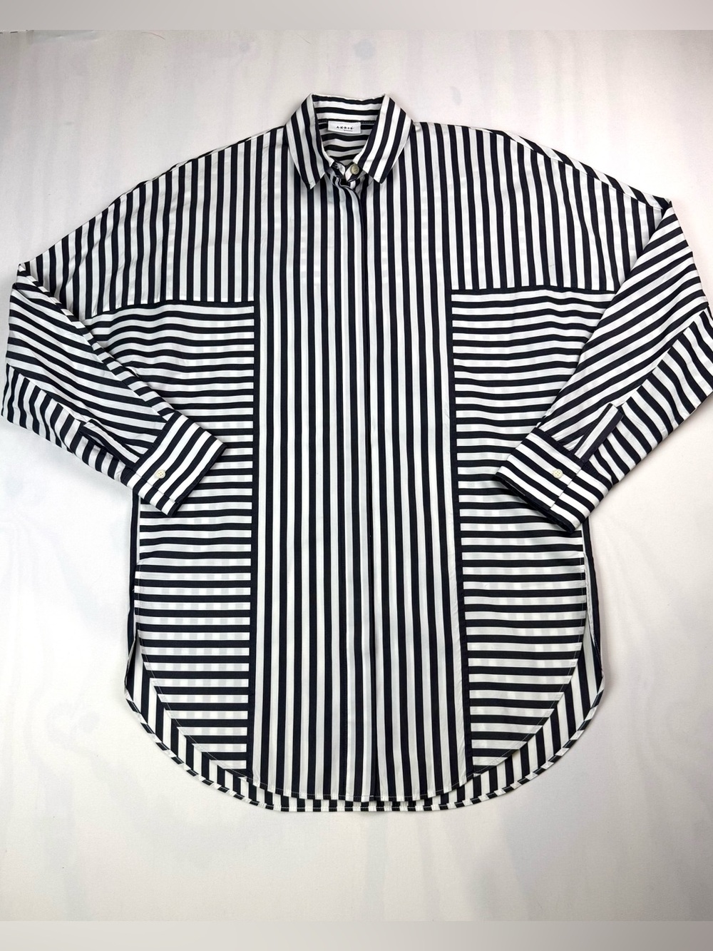 AKRIS Punto Cotton Tunic Shirt Mix Striped Print Black White Oversized US 2